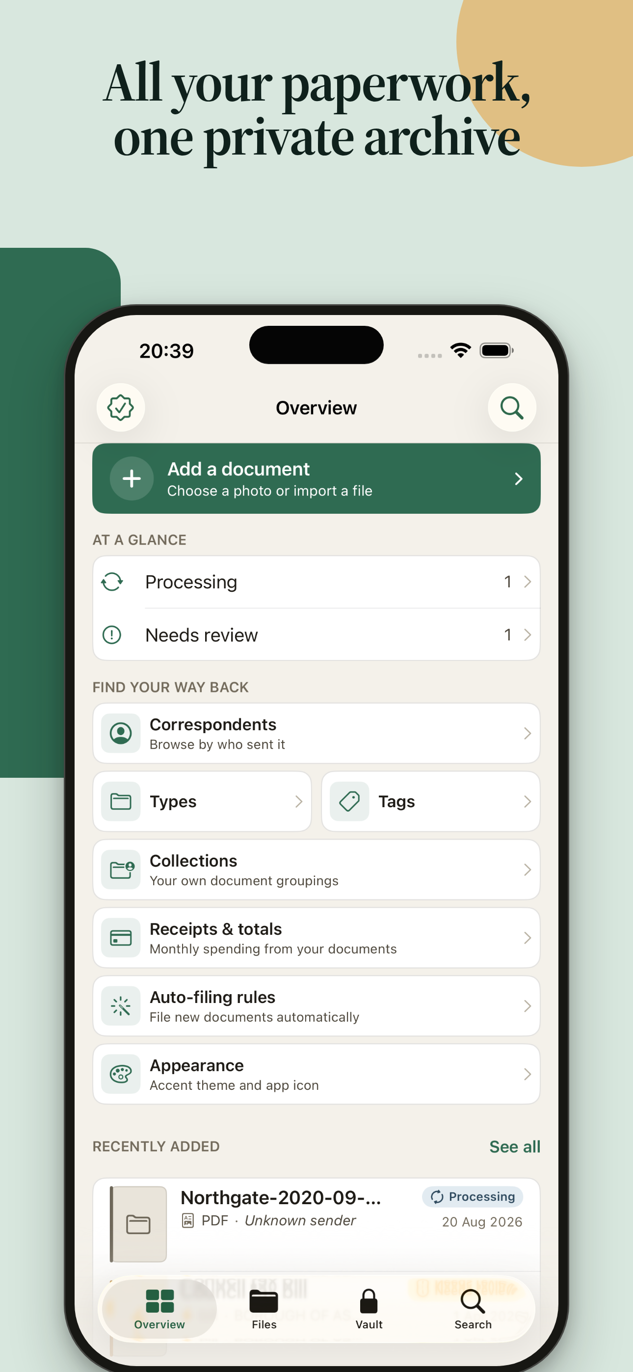 Foliade Overview showing processing, review, filing, and recent document sections