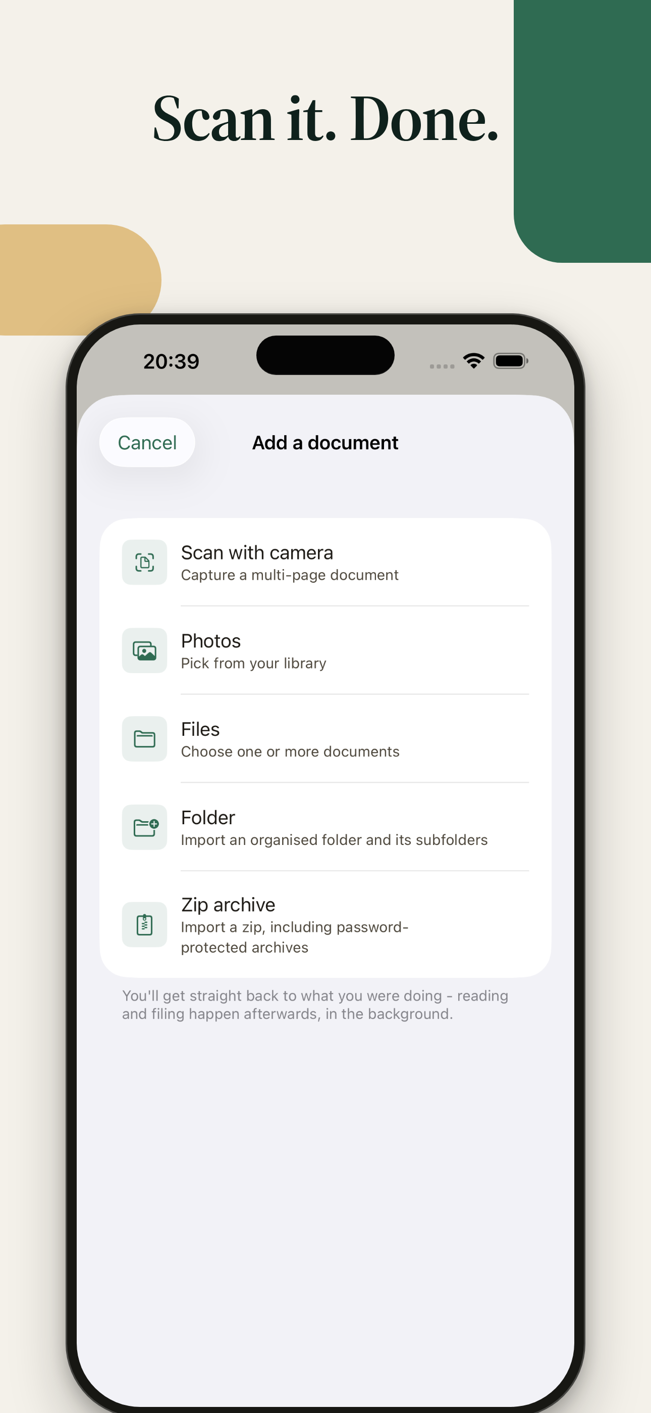 Foliade Add a document screen with camera, Photos, Files, folder, and zip archive import choices