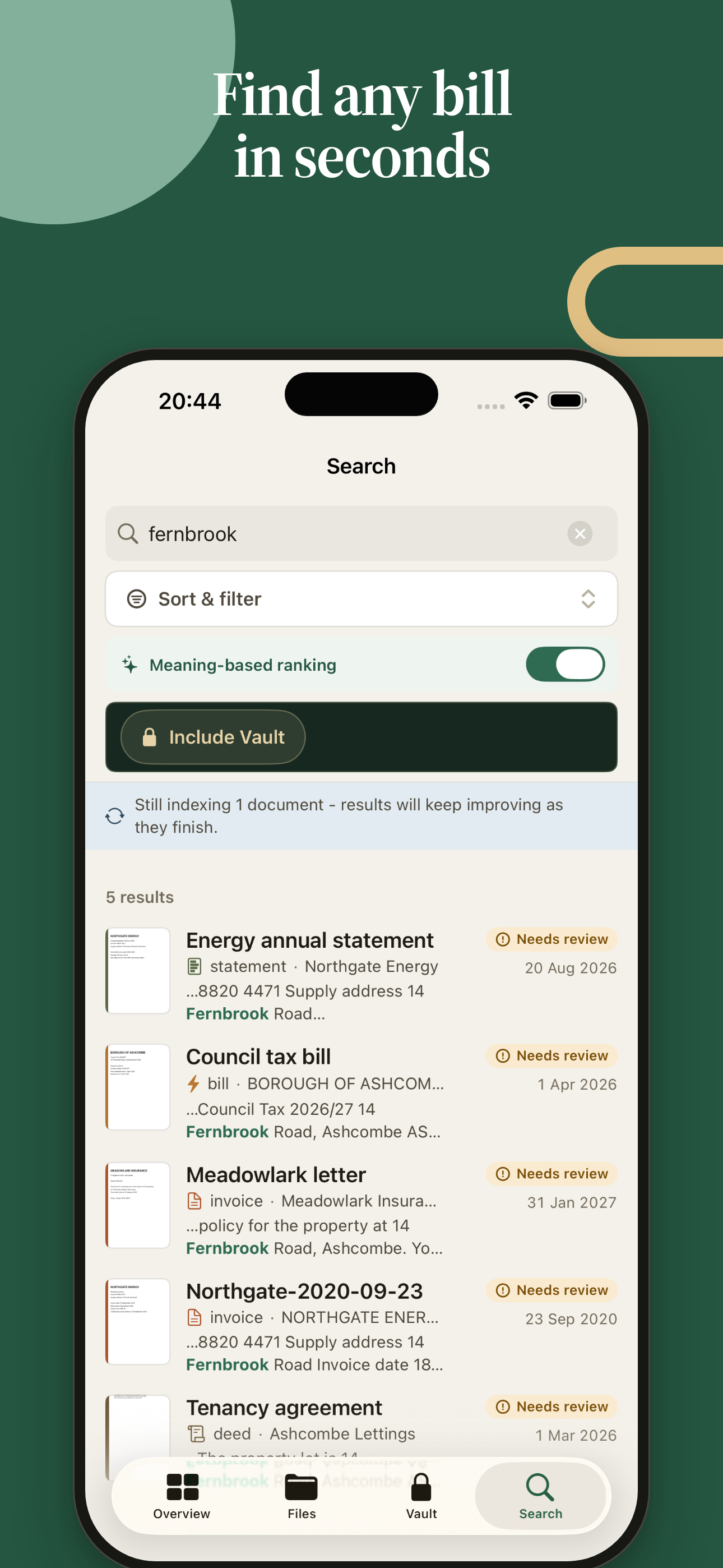 Foliade Search showing results found from recognised words within several documents