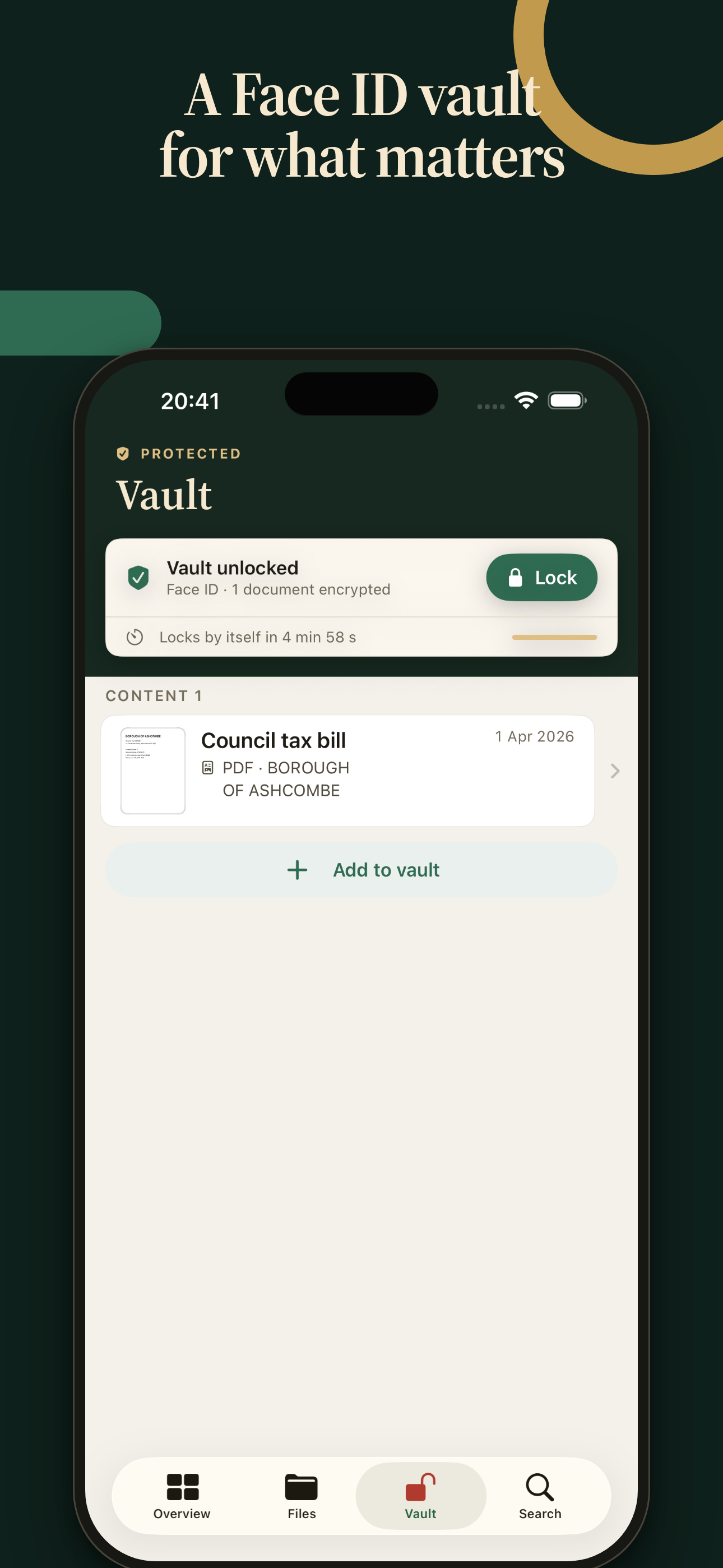 Foliade encrypted Vault unlocked with biometric protection and an automatic lock countdown